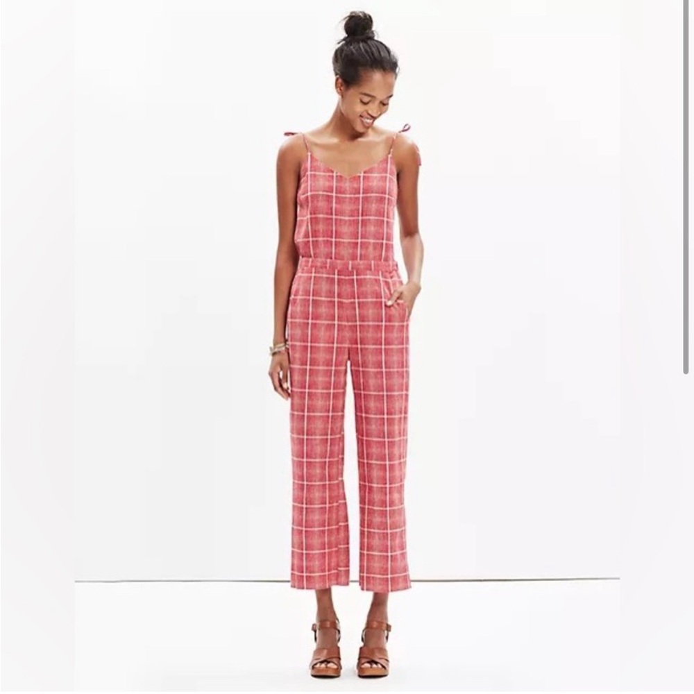 Madewell Pink Plaid Tie-Shoulder Jumpsuit